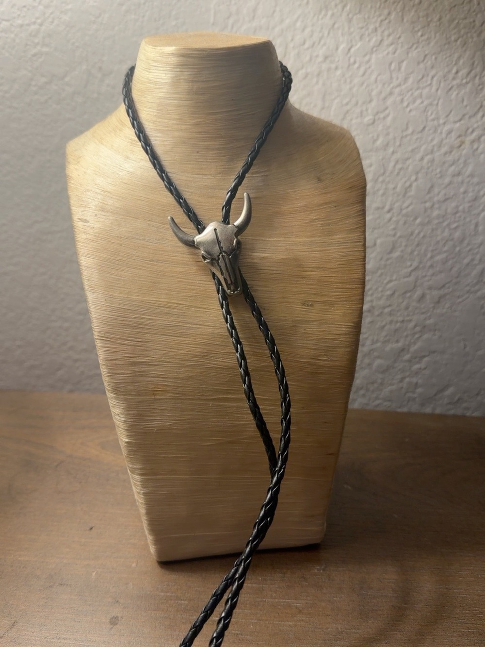 Western Bolo Tie with Bull Skull Slide in Black and Silver